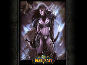 обоя видео игры, world of warcraft, девушка, эльфийка, плащ, оружие, зверь