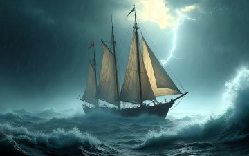 обоя корабли, 3d, парусник, море, волны, шторм, тучи, молния