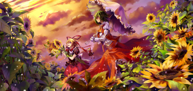 Обои картинки фото аниме, touhou, yakumo, yukari, kazami, yuuka, закат, цветы, cirno, девушки, зонт, зонтик, подсолнухи