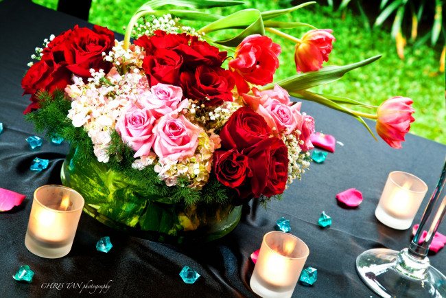 Обои картинки фото цветы, букеты, композиции, свечи, гортензия, тюльпаны, розы