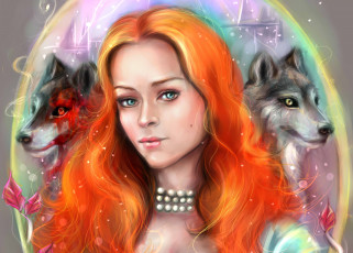 Картинка фэнтези красавицы+и+чудовища ожерелье рыжая волки девушка
