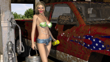 Картинка farmer`s+daughter 3д+графика people+ люди девушка взгляд улыбка автомобиль мойка