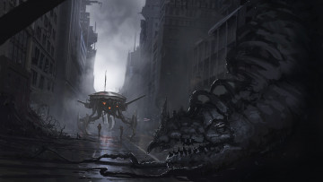 Картинка фэнтези существа постапокалипсис будущее солдаты монстр город разрушения