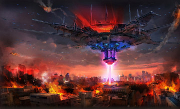 Картинка фэнтези космические+корабли +звездолеты +станции пожар город корабль космический разрушения атака мир иной инопланетный