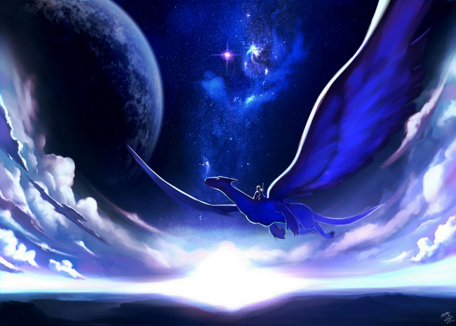 Обои картинки фото фэнтези, драконы, звезды, крылья, полет, всадник, дракон