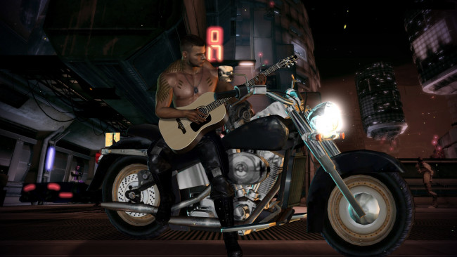 Обои картинки фото мотоциклы, 3d, мужчина, мотоцикл, фон, взгляд