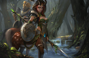 Картинка фэнтези существа оружие кентавр взгляд девушка лес деревья щит арт фэнтази