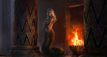 Картинка фэнтези существа грудь мифология девушка фантазия арт огонь