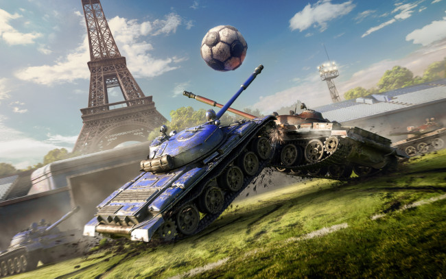 Обои картинки фото видео игры, мир танков , world of tanks, эйфелевая, башня, стадион, мяч