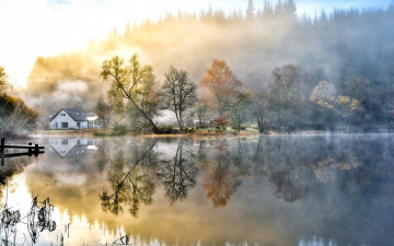 Картинка природа реки озера деревья туман дом утро озеро