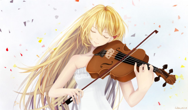 Обои картинки фото аниме, shigatsu wa kimi no uso, скрипка, девушка