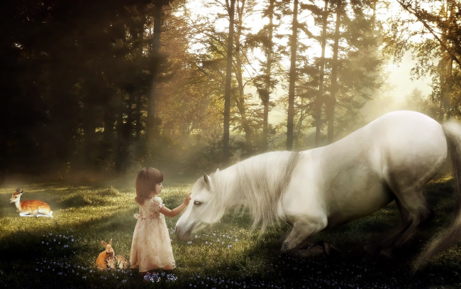 Обои картинки фото разное, компьютерный дизайн, лес, лужайка, девочка, лошадь