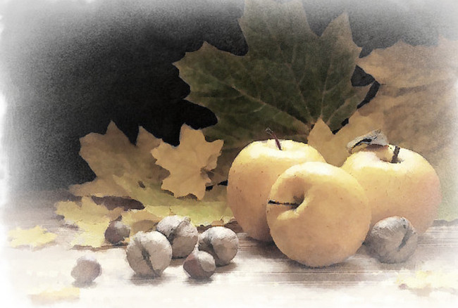 Обои картинки фото натюрморт, рисованное, еда, акварель, рисунок, фруктов, орех, яблоко