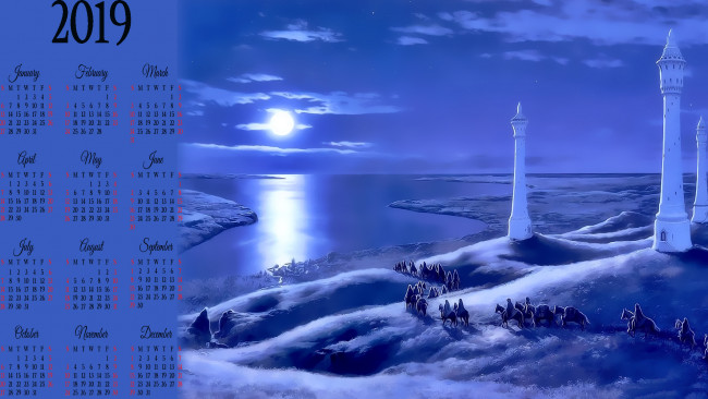Обои картинки фото календари, фэнтези, водоем, ночь, всадник, лошадь, здание, конь, природа