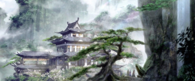 Обои картинки фото аниме, mo dao zu shi, гусу, лань, дома, водопад, туман
