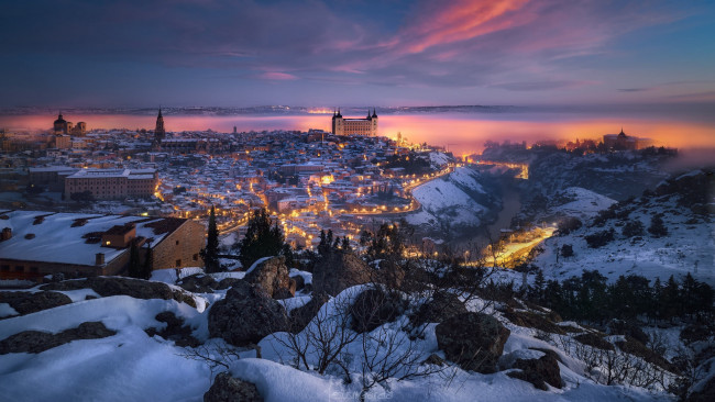 Обои картинки фото города, толедо , испания, зима, вечер, снег, огни, панорама