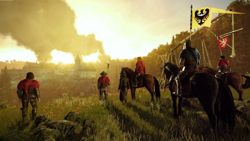 обоя видео игры, kingdom come,  deliverance, отряд, всадники, поле, город, дым