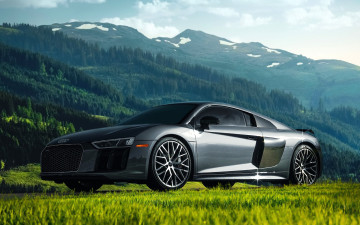 обоя audi r8, автомобили, audi, серебристый, горы, леса, луг