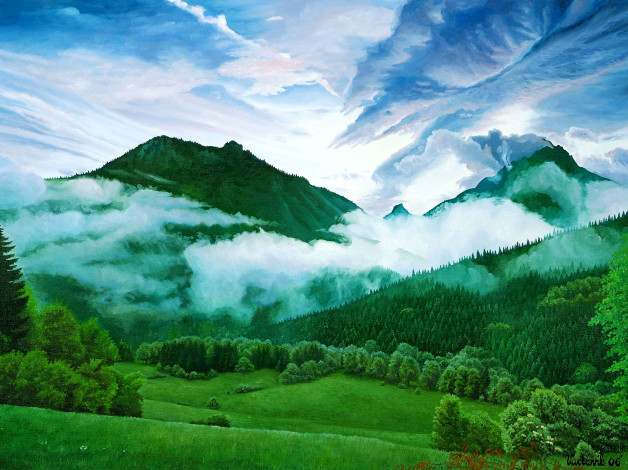 Обои картинки фото рисованные, природа, горы, облака