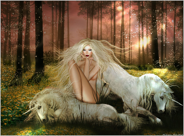 Обои картинки фото 3д, графика, fantasy, фантазия, лес, единороги, девушка, волосы