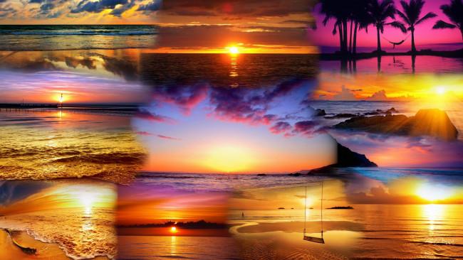 Обои картинки фото beach, sunsets, природа, восходы, закаты, затакы, коллаж, рассветы
