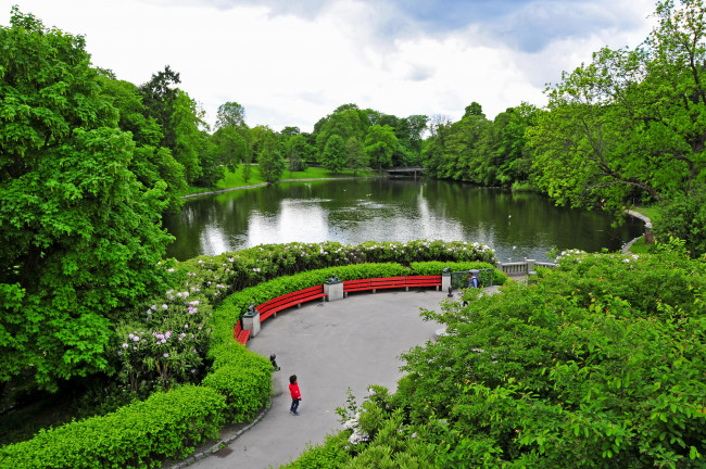 Обои картинки фото норвегия, осло, vigeland, park, природа, парк, водоем, дорожка, кусты, деревья