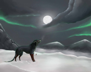 обоя рисованные, животные, сказочные, мифические, луна, снег, волк, горы, облака