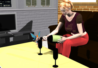 Картинка 3д графика people люди девушка стол вино телевизор фея