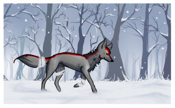 обоя рисованные, животные, сказочные, мифические, лес, снег, собака