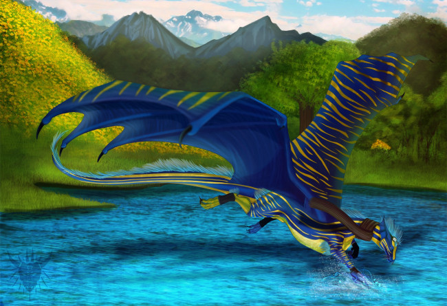 Обои картинки фото рисованные, животные, сказочные, мифические, дракон, река