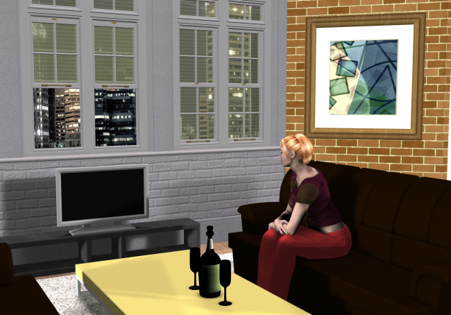Обои картинки фото 3д, графика, people, люди, телевизор, вино, стол, девушка
