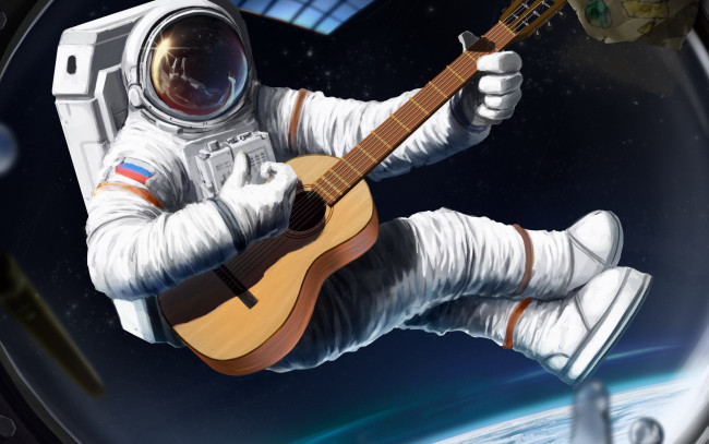 Обои картинки фото рисованные, люди, гитара, космонавт
