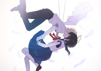 Картинка аниме ангелы +демоны ангел школьница нимб арт gomi chiri девушка парень падение стрелы перья крылья