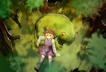 Картинка аниме touhou moriya suwako арт девочка жаба трава природа лягушка