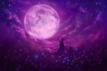 Картинка фэнтези пейзажи звезды луна ночь девочка маленькая восторг друзья поляна цветы волшебство мишка