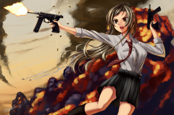 Картинка аниме оружие +техника +технологии огонь арт девушка dreadtie пистолет