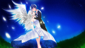 Картинка аниме ангелы +демоны ночь девушка парень крылья aoiken