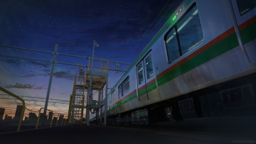 обоя аниме, город,  улицы,  здания, ночь, поезд, арт, станция, tanaka, ryosuke