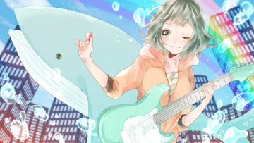 Картинка аниме vocaloid арт 773 cream gumi музыка гитара девушка пузырьки кит