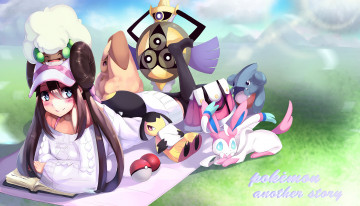 Картинка аниме pokemon lopunny mawile mei sylveon арт девушка лежит покемоны