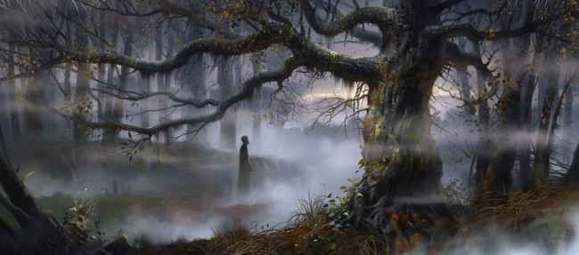 Обои картинки фото фэнтези, пейзажи, арт, туман, деревья, болота, русь, человек, лес