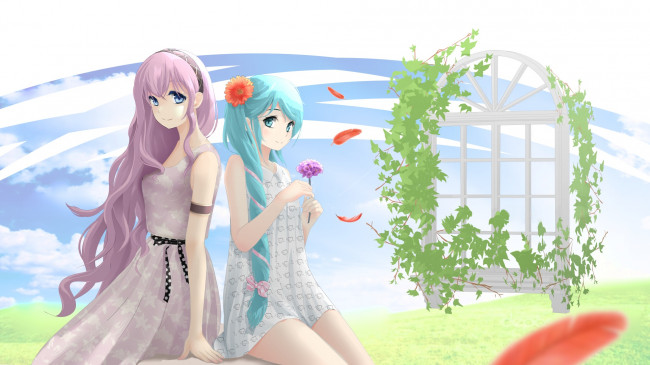 Обои картинки фото аниме, vocaloid, арт, девушки, небо, окно, растение, hatsune, miku, megurine, luka, ohjin