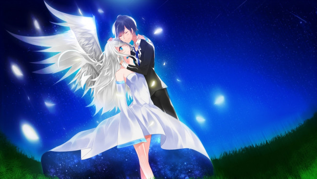 Обои картинки фото аниме, ангелы,  демоны, ночь, девушка, парень, крылья, aoiken