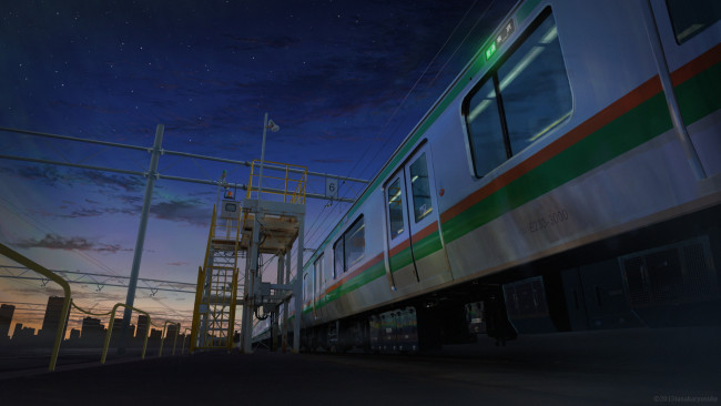 Обои картинки фото аниме, город,  улицы,  здания, ночь, поезд, арт, станция, tanaka, ryosuke
