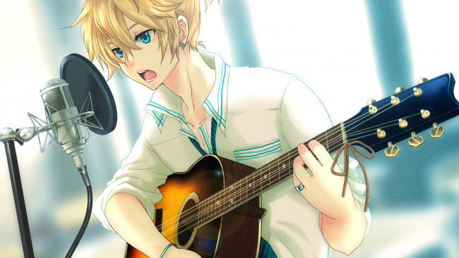 Обои картинки фото аниме, vocaloid, мальчик, гитара, вокалоид, kagamine, len