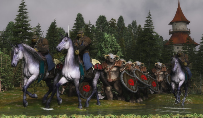 Обои картинки фото 3д графика, фантазия , fantasy, лес, лошади, орки, патруль, река, замок