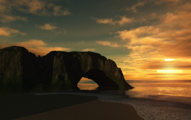 Обои картинки фото 3д графика, природа , nature, облака, закат, скала, пляж, море