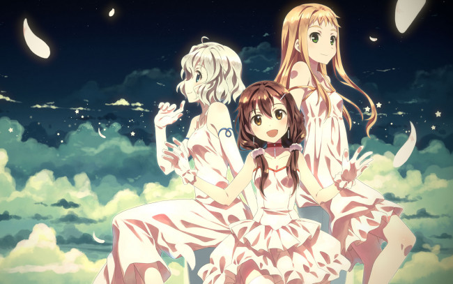 Обои картинки фото аниме, unknown,  другое, трио, девушки, арт, yuuki, tatsuya, облака, небо