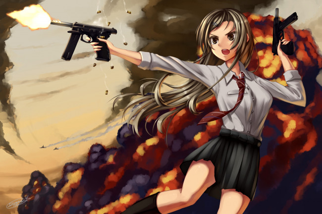 Обои картинки фото аниме, оружие,  техника,  технологии, огонь, арт, девушка, dreadtie, пистолет