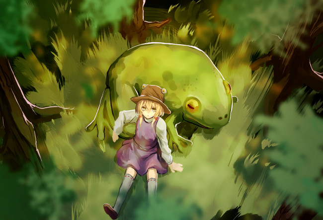 Обои картинки фото аниме, touhou, moriya, suwako, арт, девочка, жаба, трава, природа, лягушка